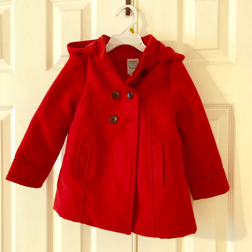 Old Navy 3T red pea coat with hood.